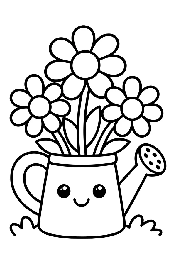 Coloring page of a small watering can holding a few big daisies