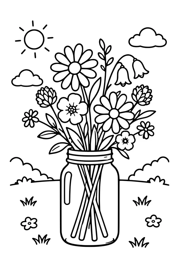 Coloring page of a glass jar holding a mixed bunch of simple wildflowers