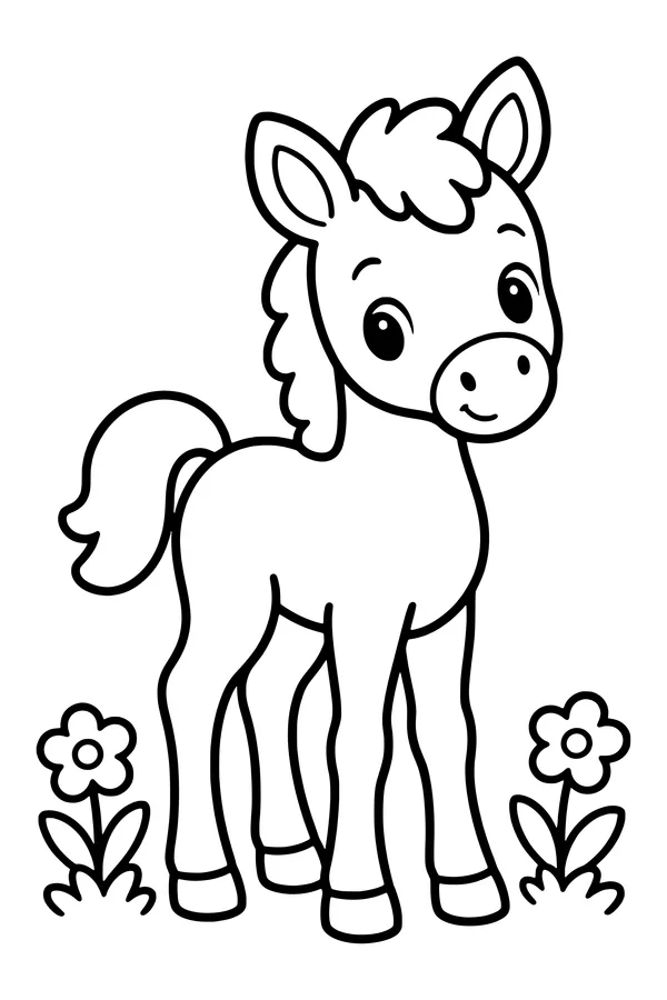 Coloring page of a young foal standing on long legs beside two simple flowers