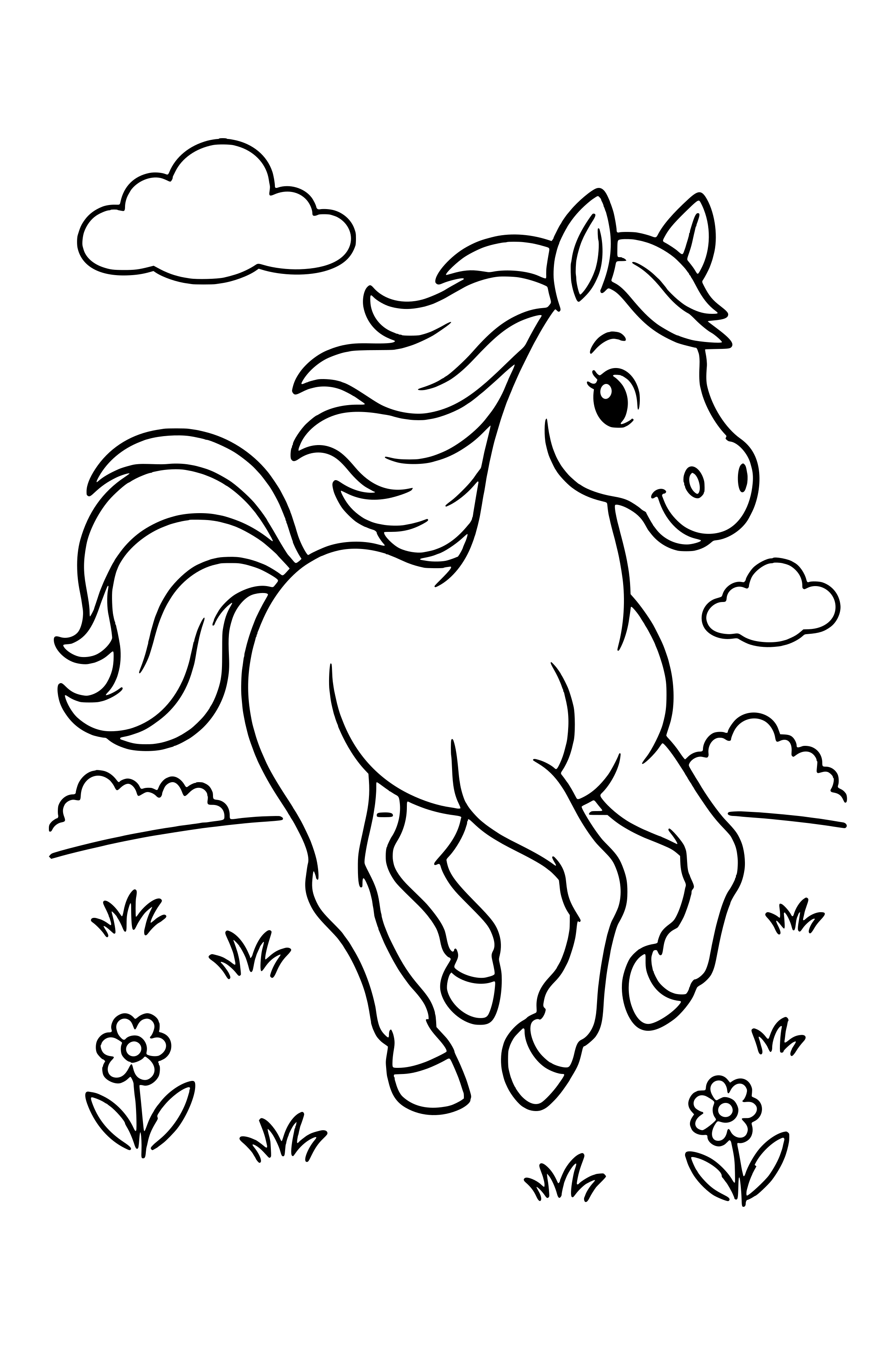 Coloring page of a horse galloping across an open meadow with its mane flowing