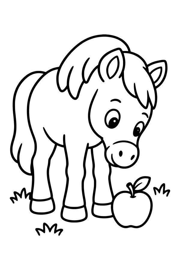Coloring page of a horse lowering its head toward an apple on the grass