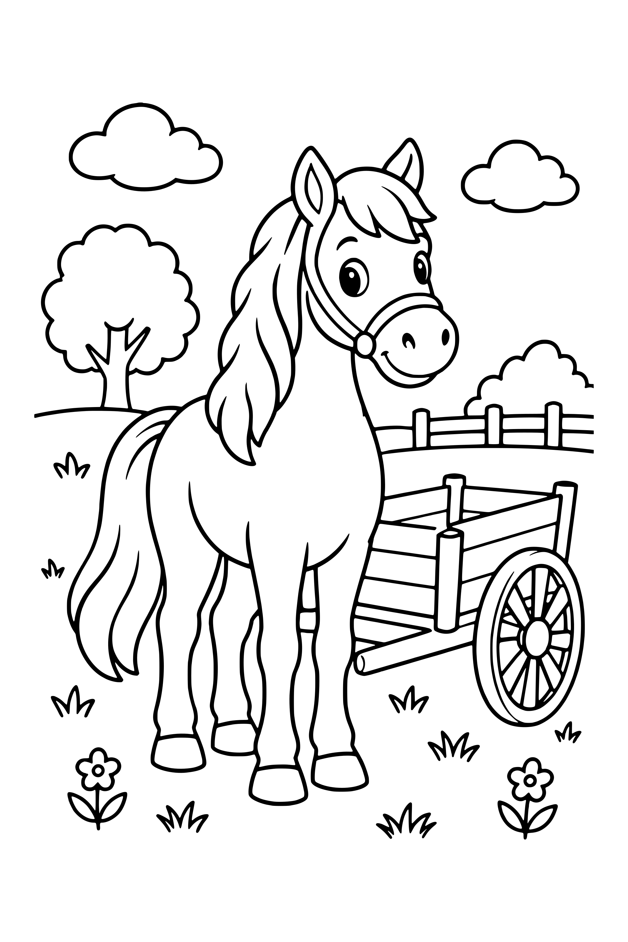 Coloring page of a horse standing beside a small wooden farm cart in a meadow