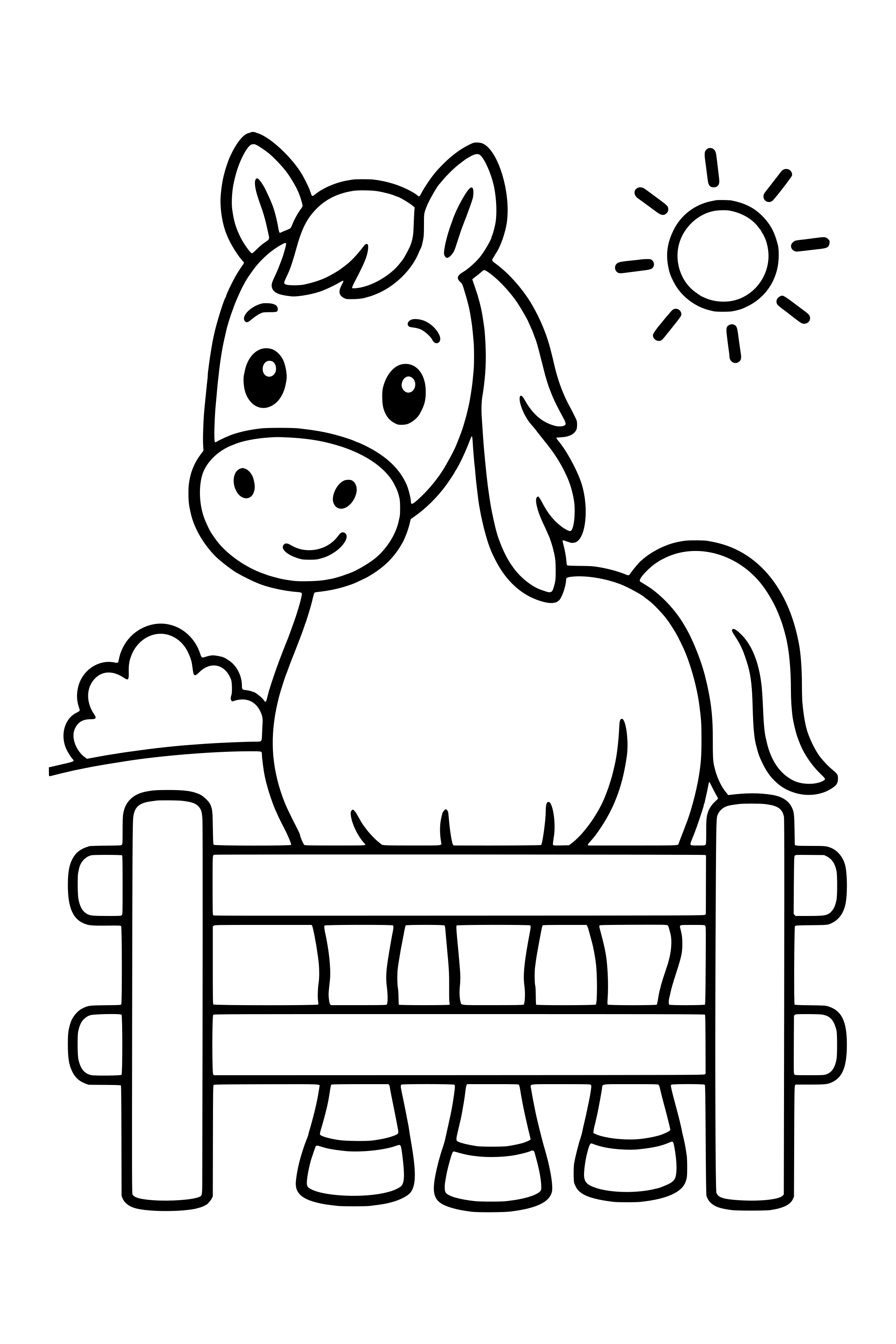Coloring page of a horse standing behind a simple wooden paddock fence