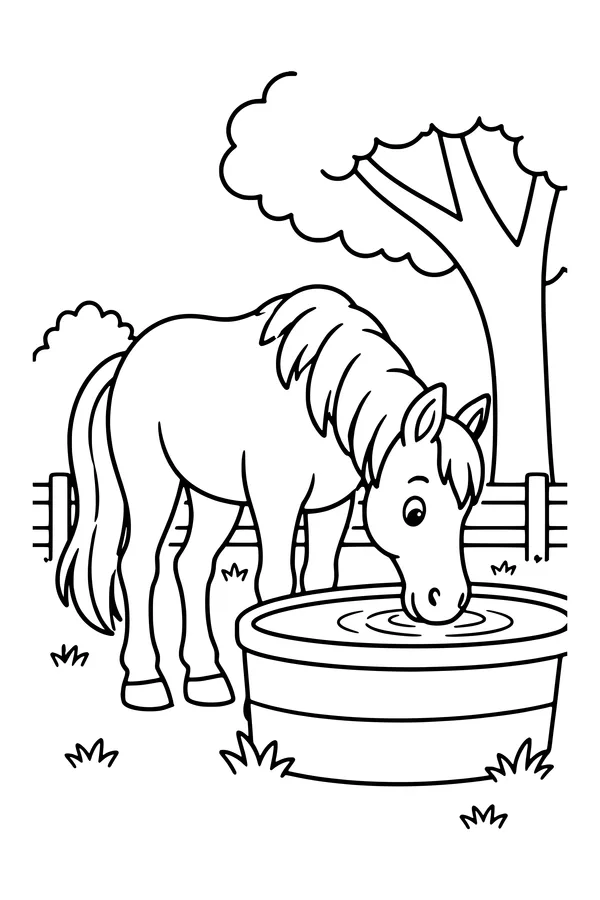 Coloring page of a horse drinking from a broad water trough under a tree