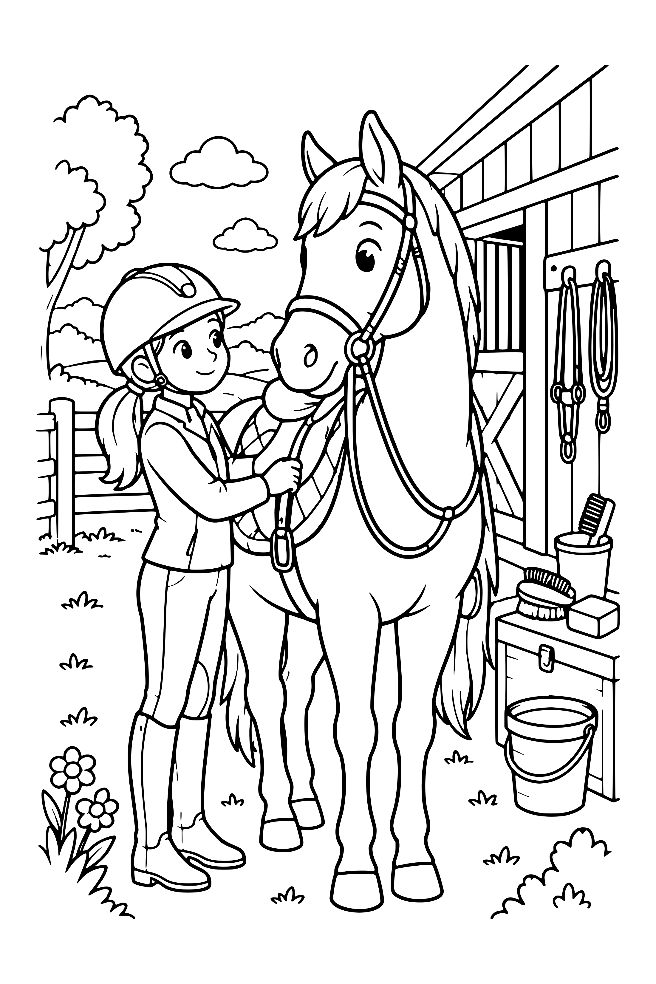 Coloring page of a rider wearing a helmet preparing a saddled horse beside a stable with grooming tools