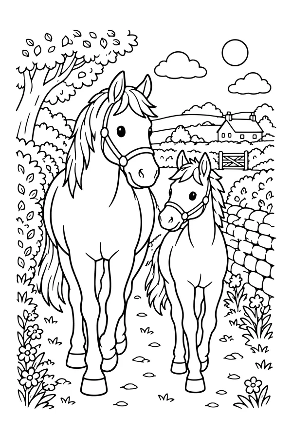 Coloring page of two horses walking along a country lane beside hedges and a low stone wall