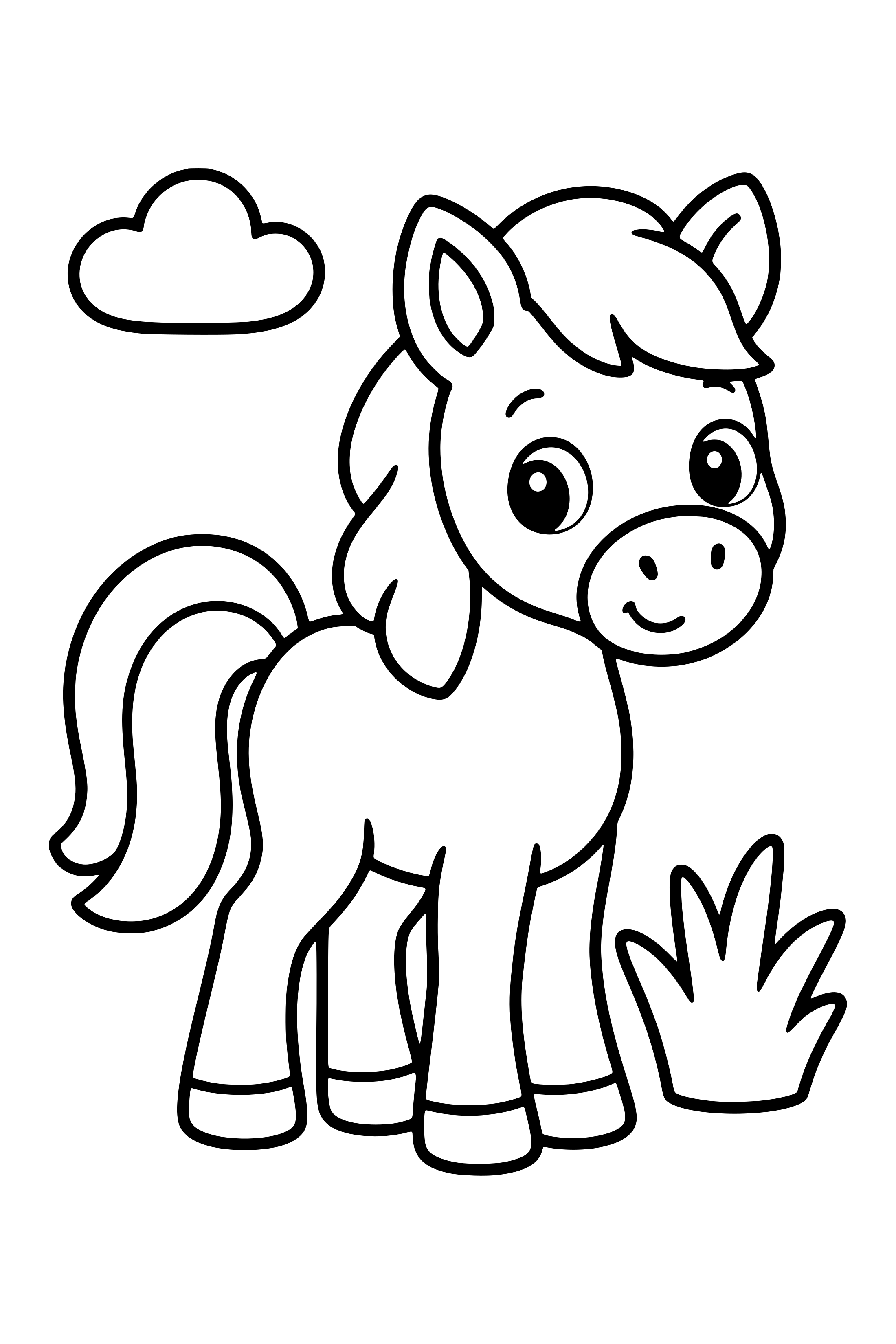 Coloring page of a small friendly pony standing beside a broad tuft of grass