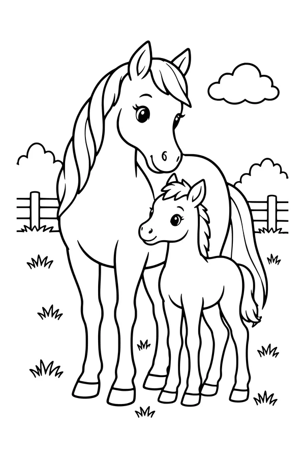 Coloring page of a mare standing beside her foal in a quiet grassy field