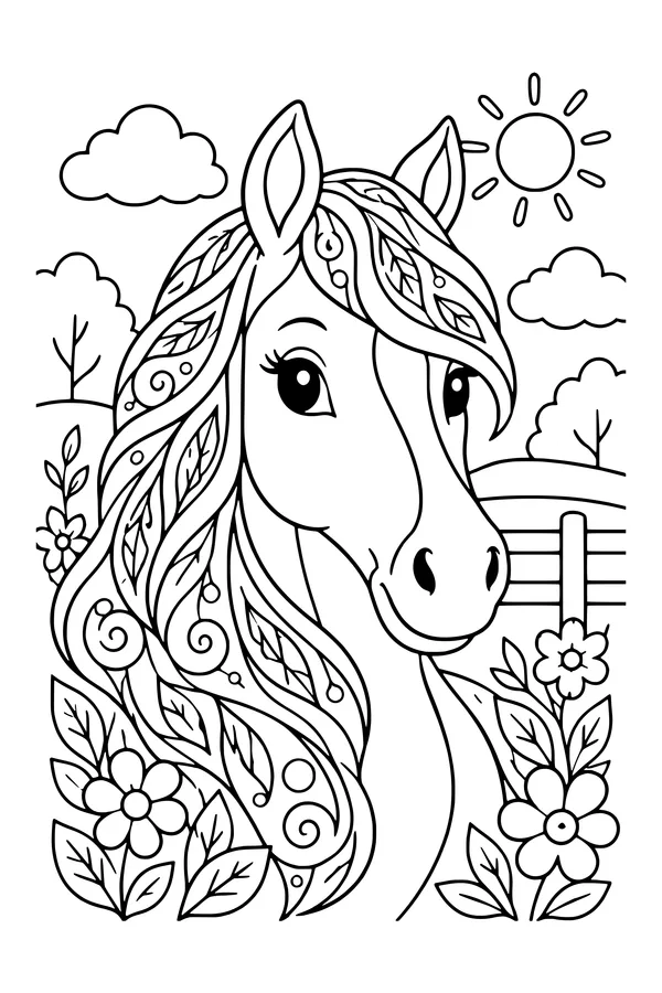 Coloring page of a large horse head with a flowing mane filled with broad decorative leaf and swirl patterns