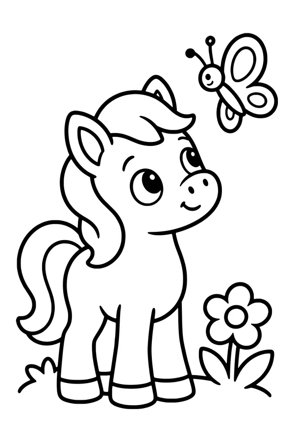 Coloring page of a pony watching a butterfly above a little flower
