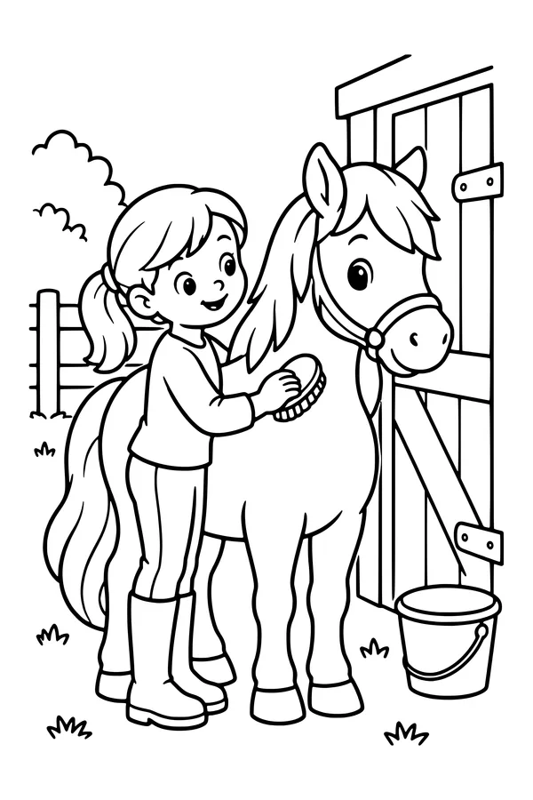 Coloring page of a child gently brushing a pony beside a stable door