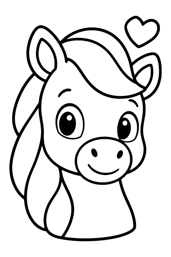 Coloring page of a large gentle pony head with a broad mane and rounded ears