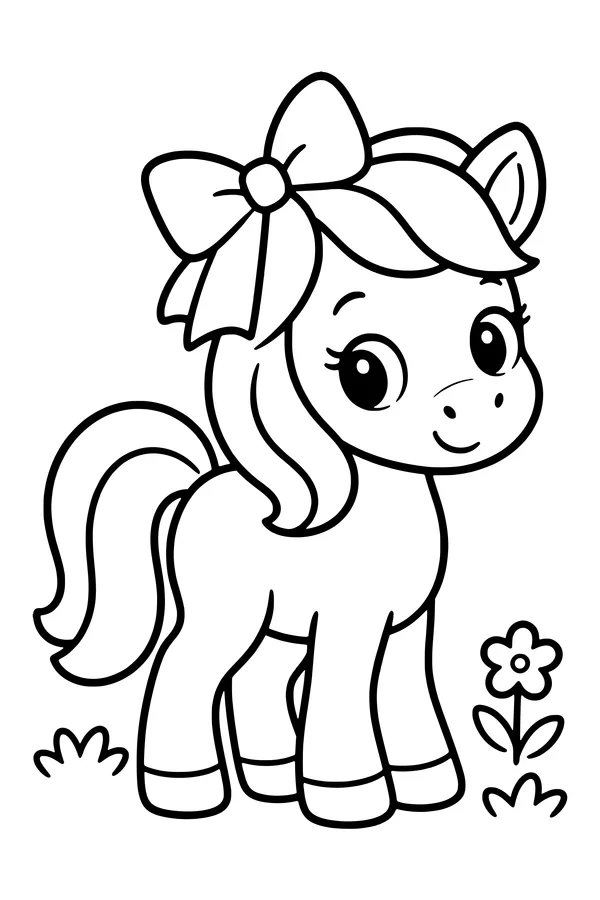 Coloring page of a small pony with a broad ribbon tied neatly into its mane