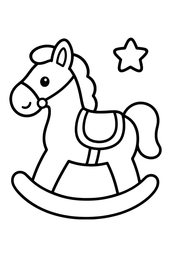 Coloring page of a wooden rocking horse with a curved rocker and simple saddle