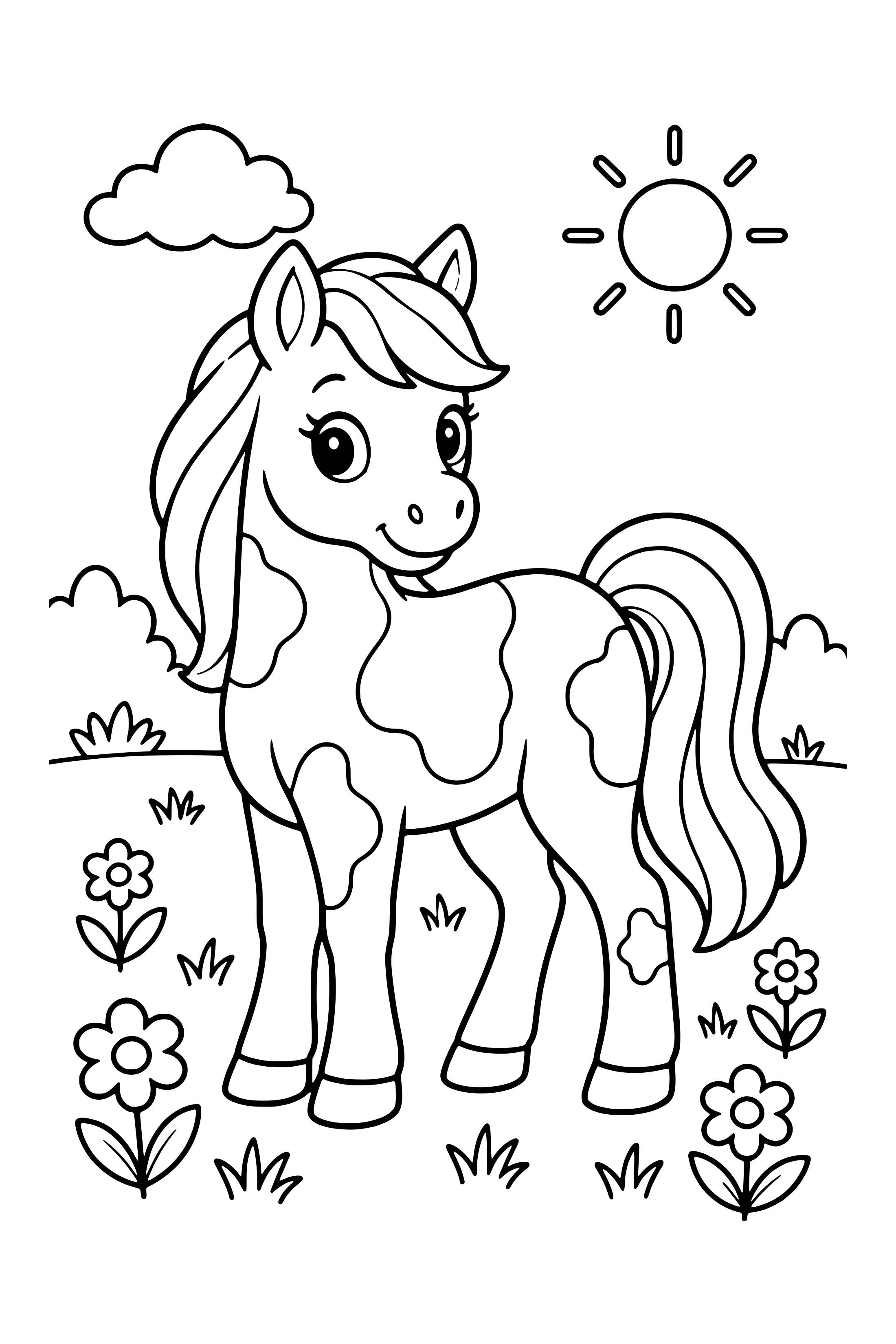 Coloring page of a pony with broad coat patches standing among meadow flowers
