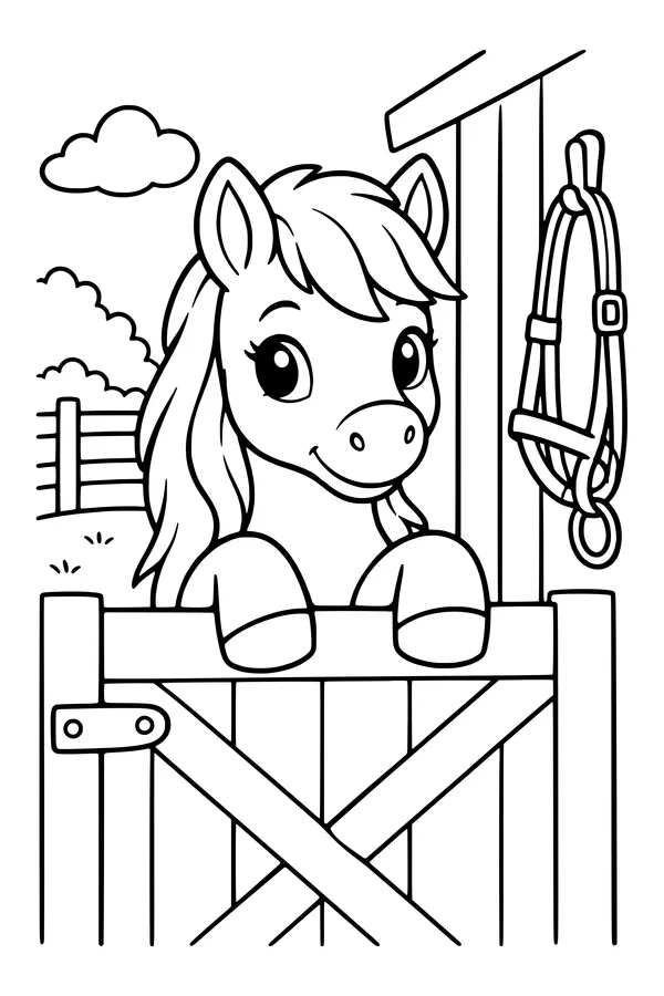 Coloring page of a pony peeking over a stable door beside a hanging bridle