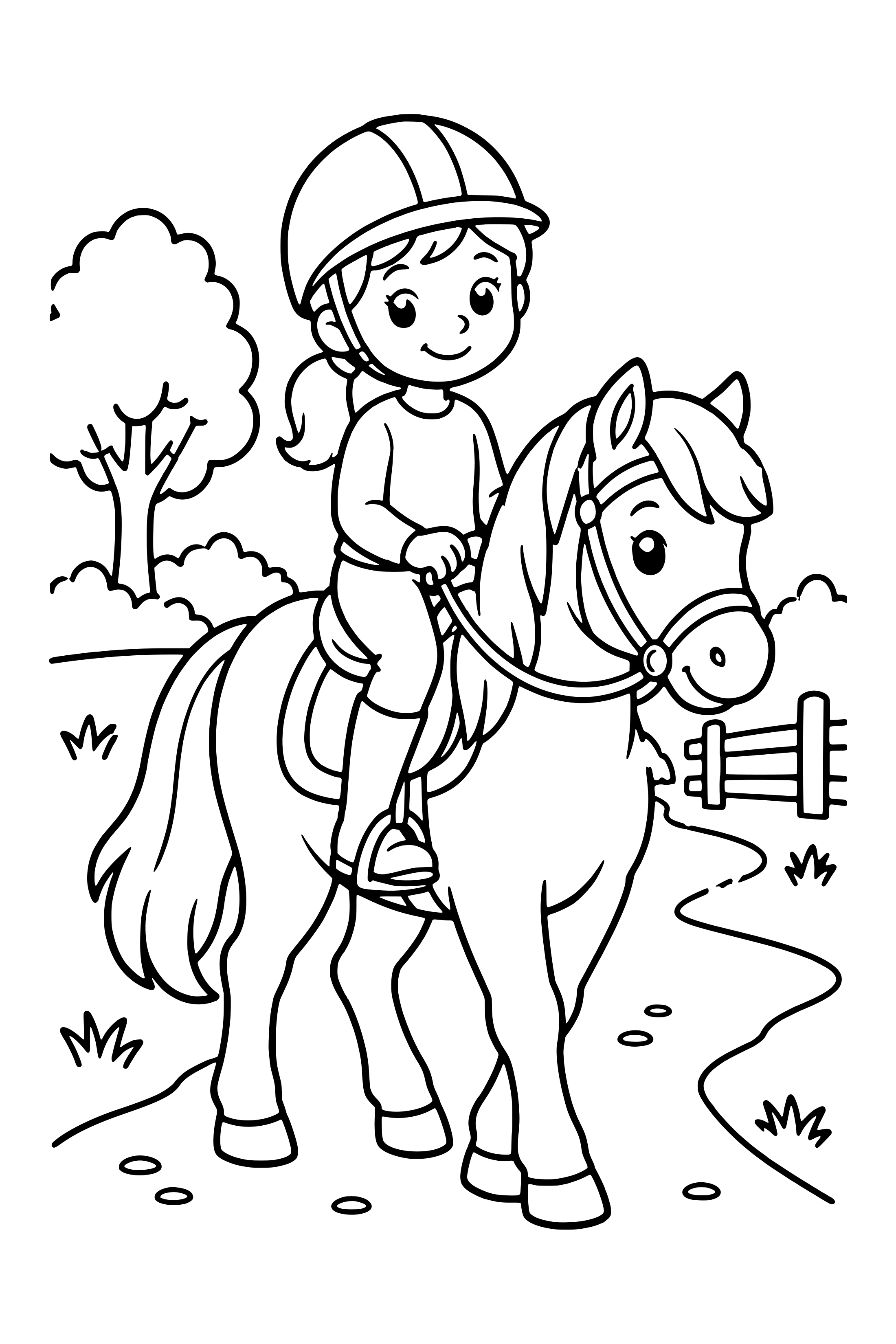 Coloring page of a child wearing a riding helmet sitting on a pony on a quiet trail