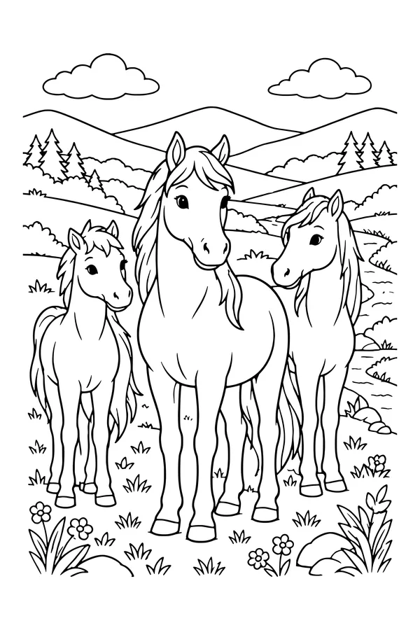 Coloring page of three horses standing in a grassy valley with hills and a narrow stream