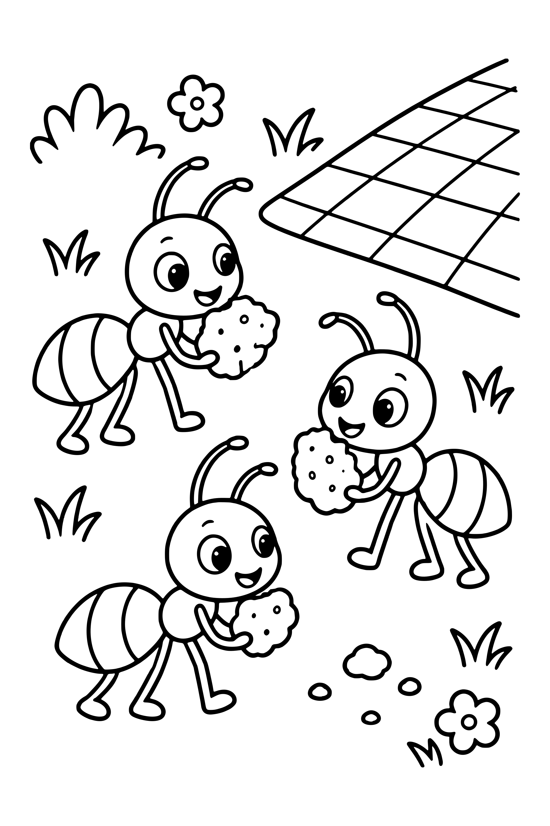 Coloring page of three ants carrying crumbs beside a picnic cloth corner