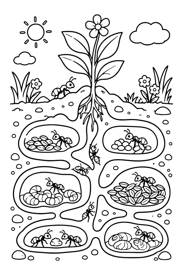 Coloring page of a cutaway view of an ant nest with connected tunnels, chambers and a surface plant