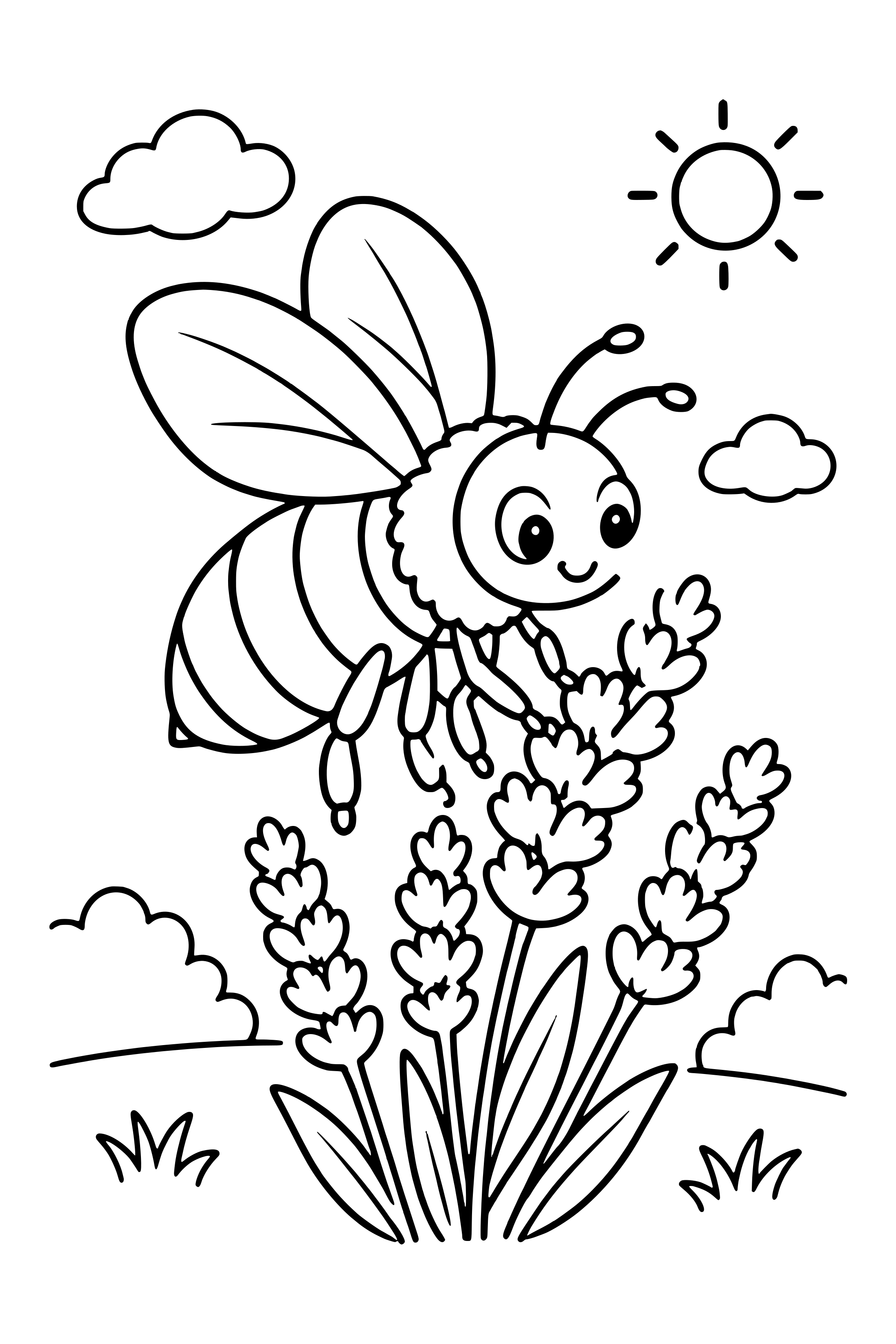 Coloring page of a bumblebee with six legs visiting a cluster of lavender stems