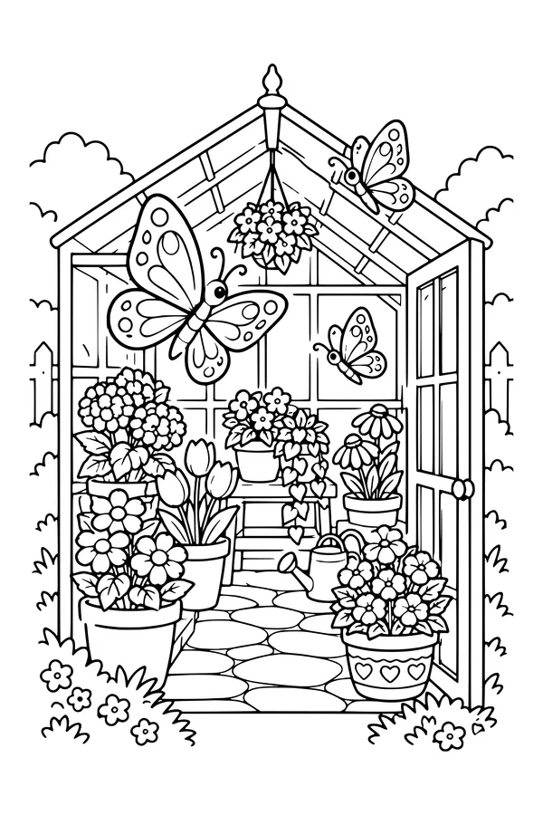 Coloring page of butterflies flying among potted flowering plants inside a small glass greenhouse