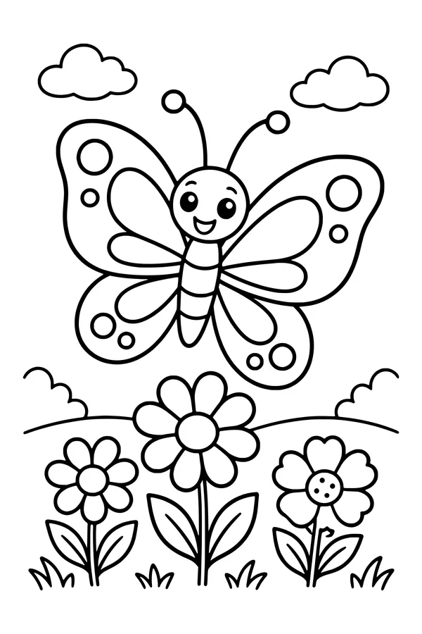 Coloring page of a large butterfly hovering above three meadow flowers