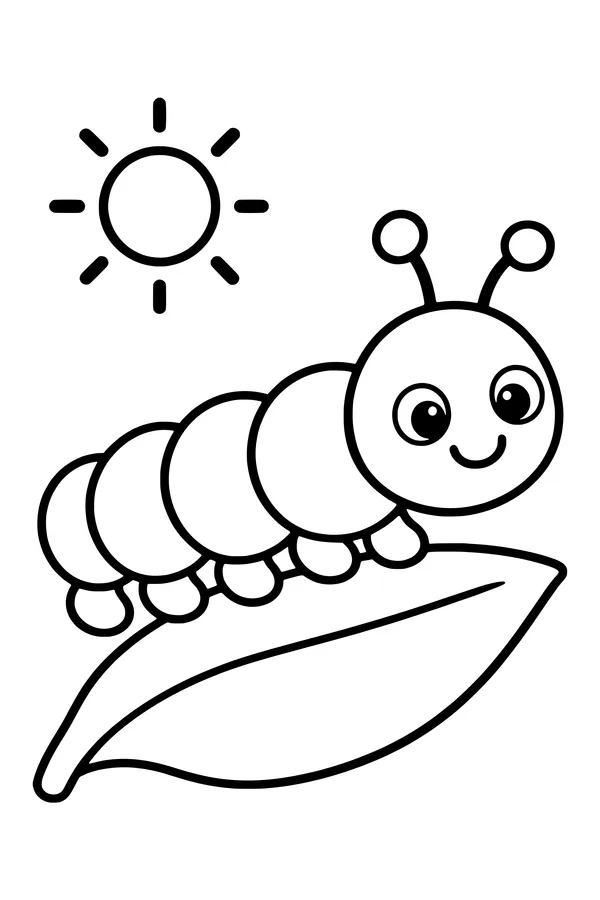 Coloring page of a rounded caterpillar walking along a large curved leaf