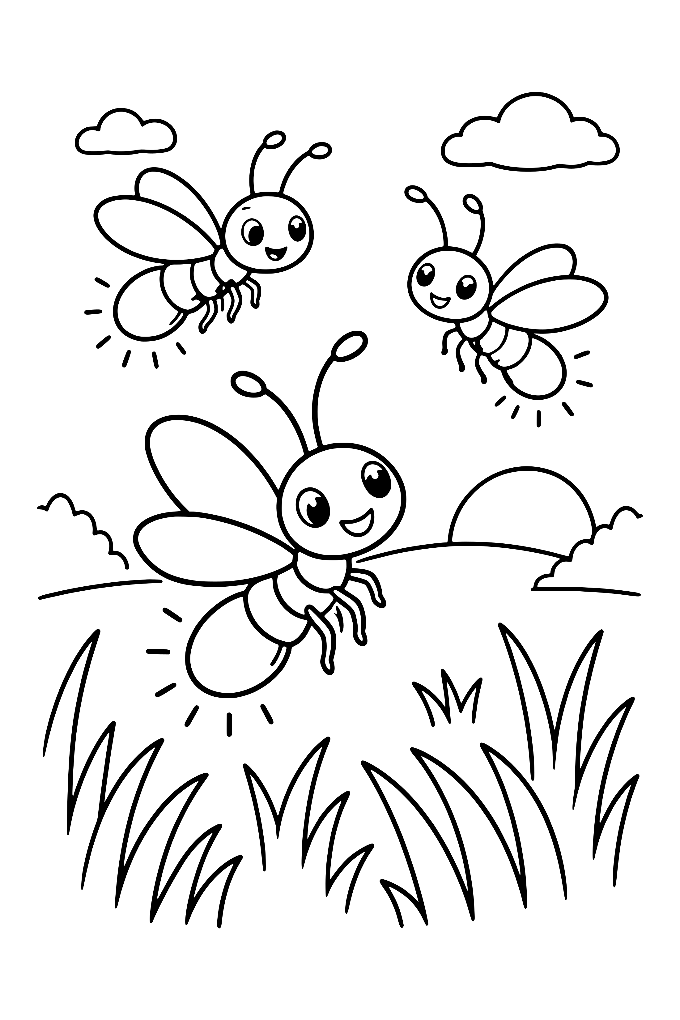 Coloring page of three fireflies above grasses at dusk with rounded glowing tails