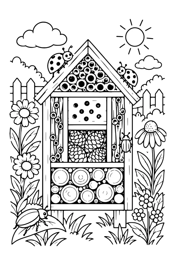 Coloring page of a wooden garden bug shelter with hollow stems, a beetle, ladybugs and plants