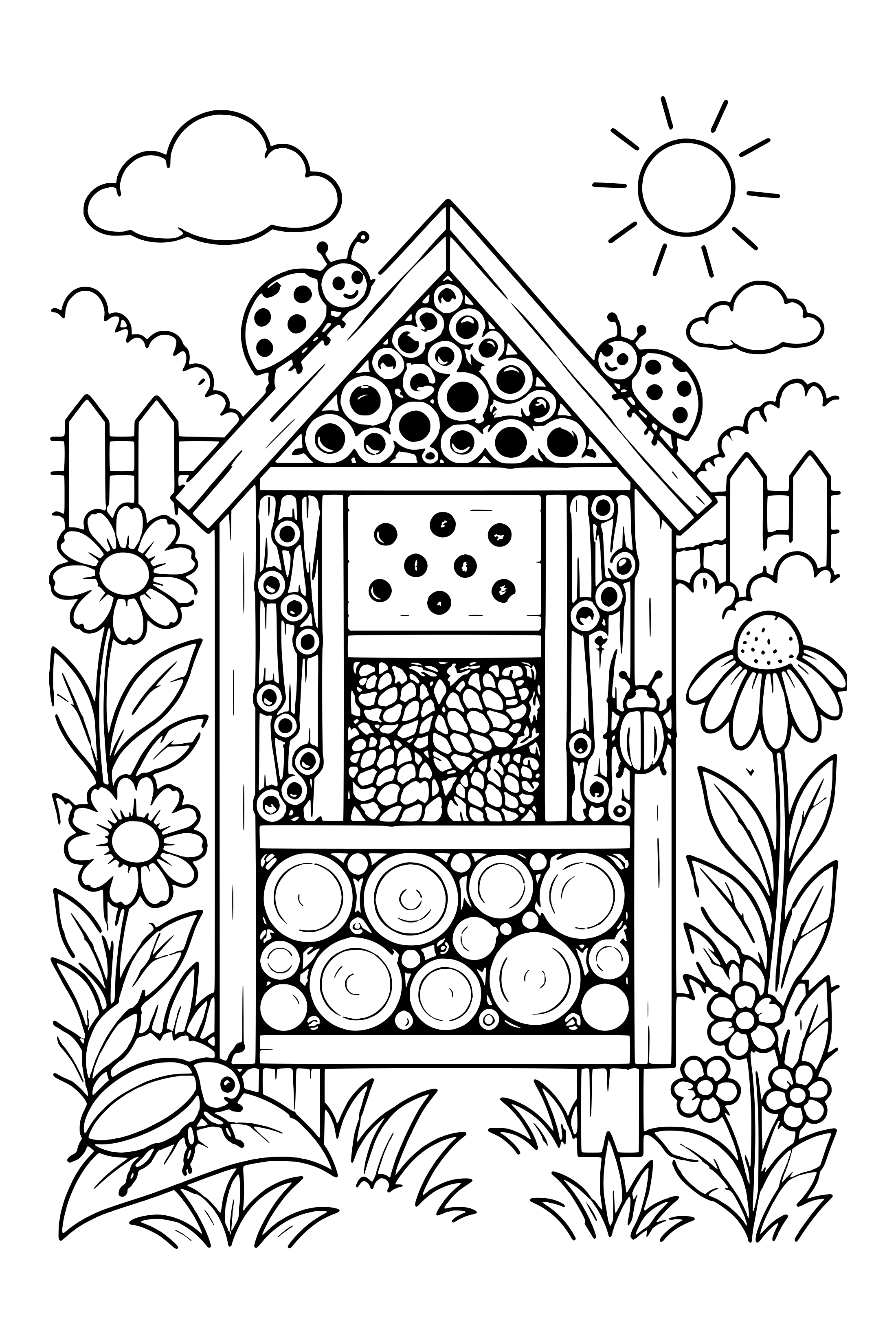 Coloring page of a wooden garden bug shelter with hollow stems, a beetle, ladybugs and plants