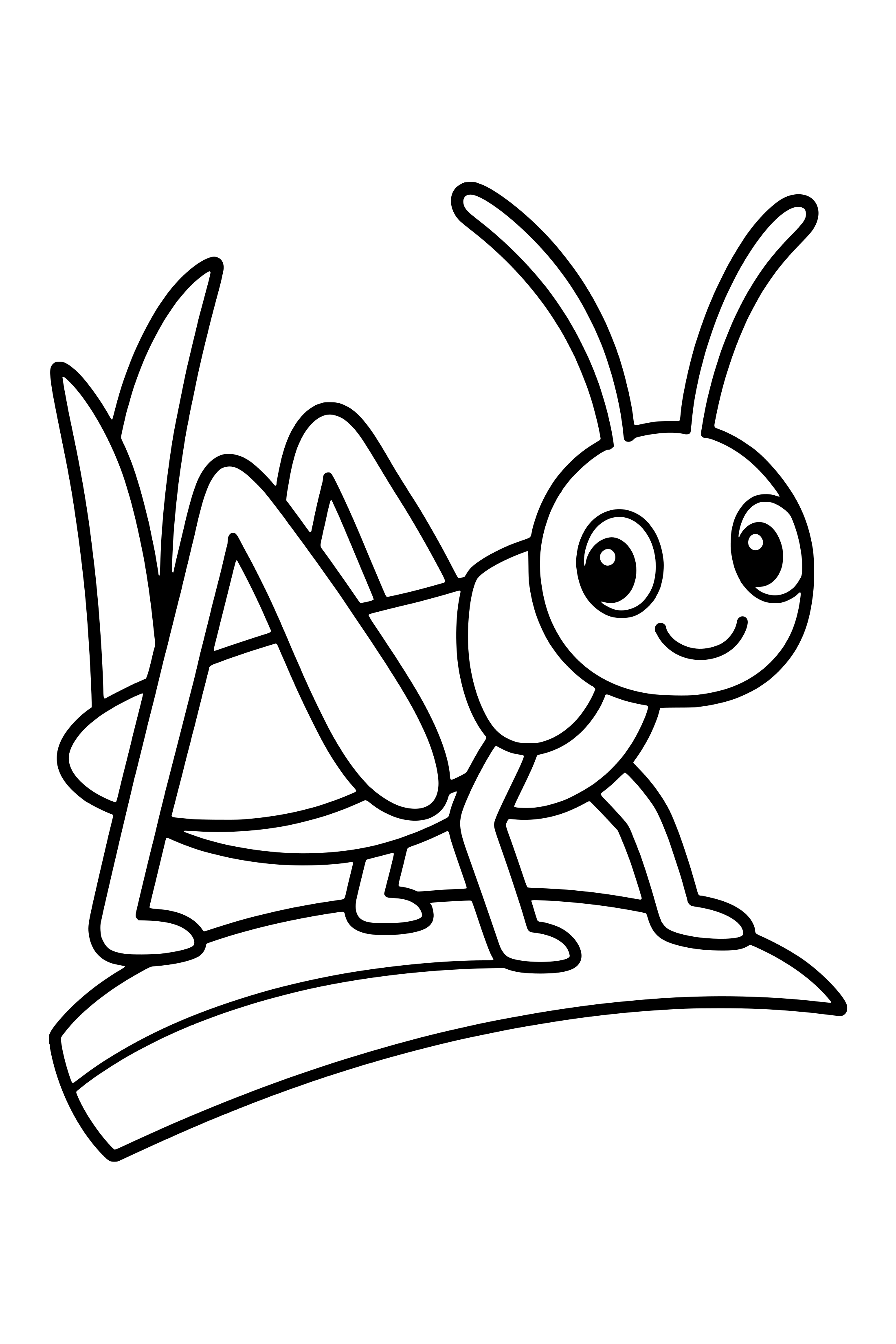 Coloring page of a grasshopper with large bent back legs standing on a broad blade of grass