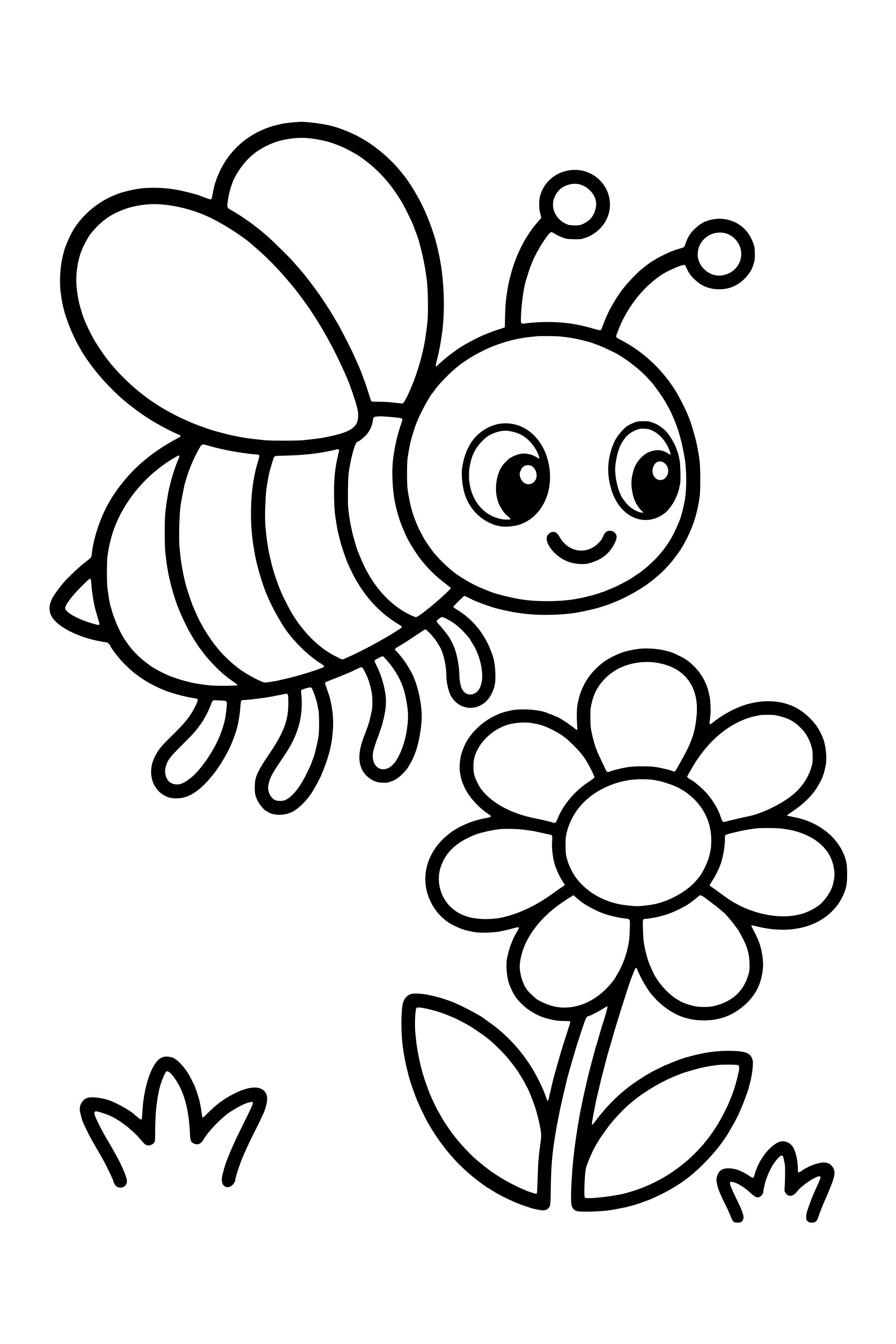 Coloring page of a bee with six legs hovering beside a simple daisy
