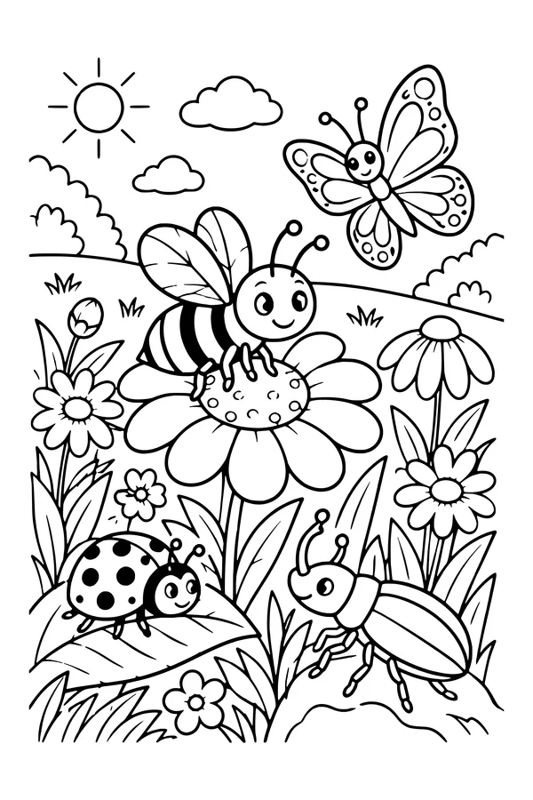Coloring page of a meadow patch with a bee, ladybug, butterfly and beetle among flowers