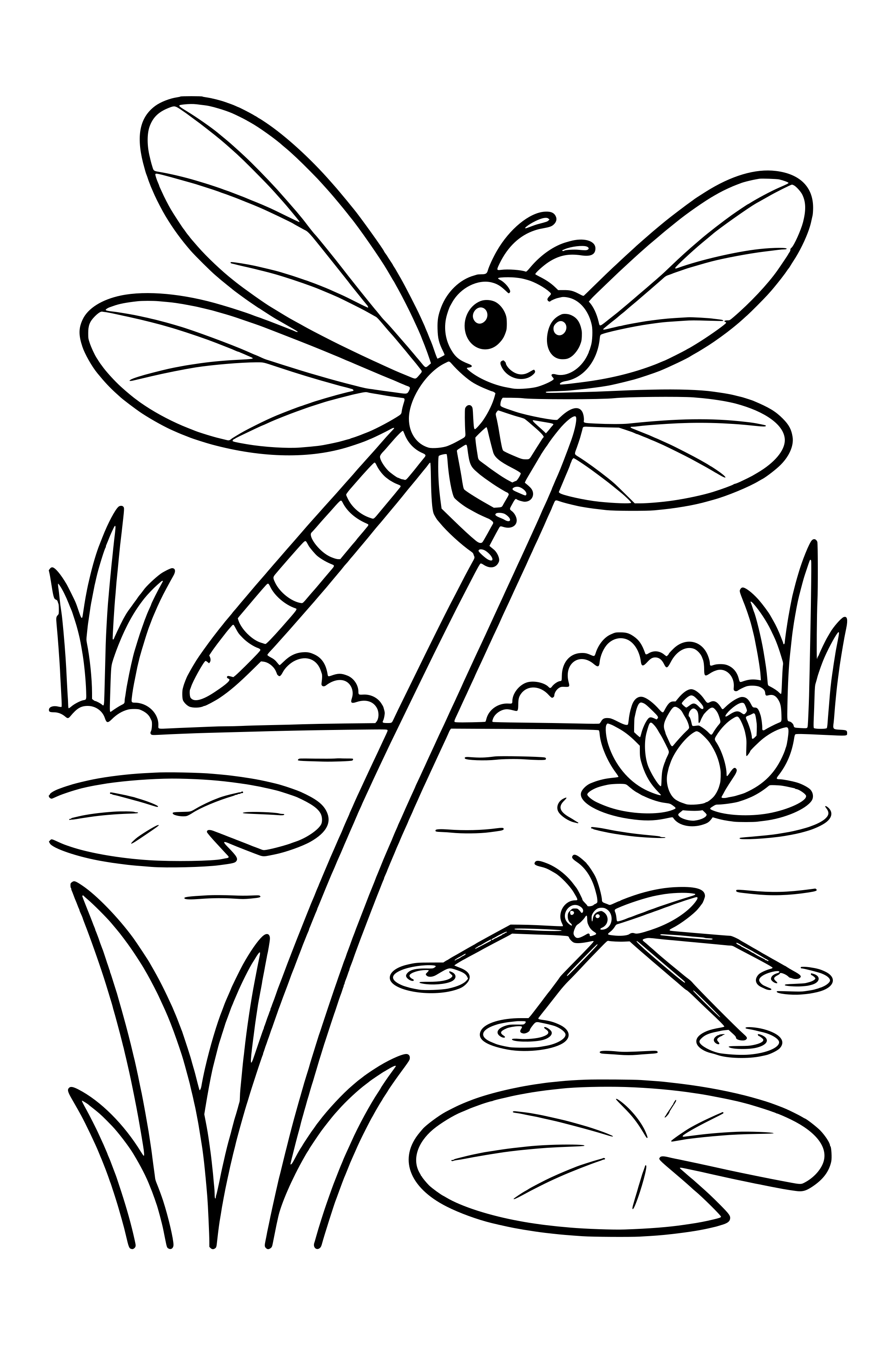 Coloring page of a dragonfly on a reed above a pond with a water strider and lily leaves