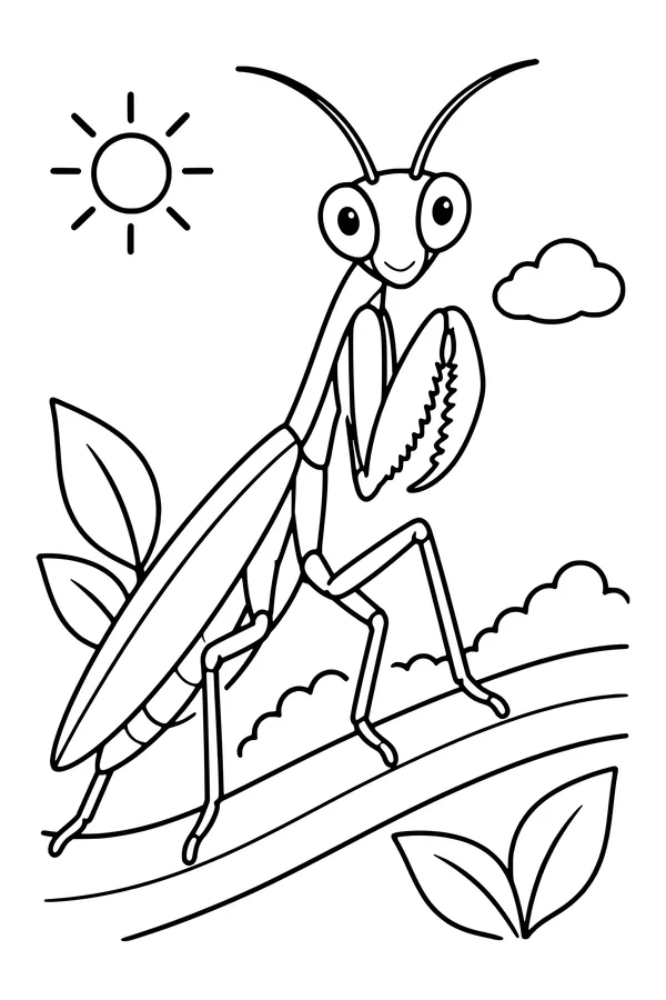 Coloring page of a praying mantis perched on a broad stem with its front legs folded