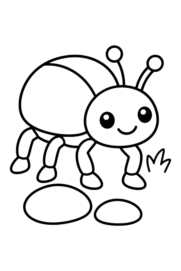 Coloring page of a rounded six-legged beetle standing beside two smooth pebbles
