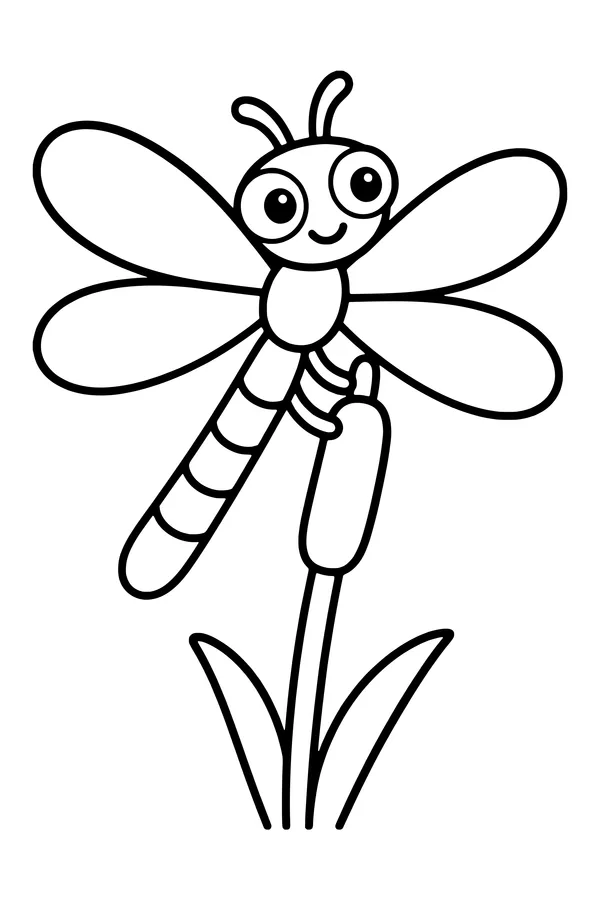 Coloring page of a dragonfly with four broad wings resting on a reed