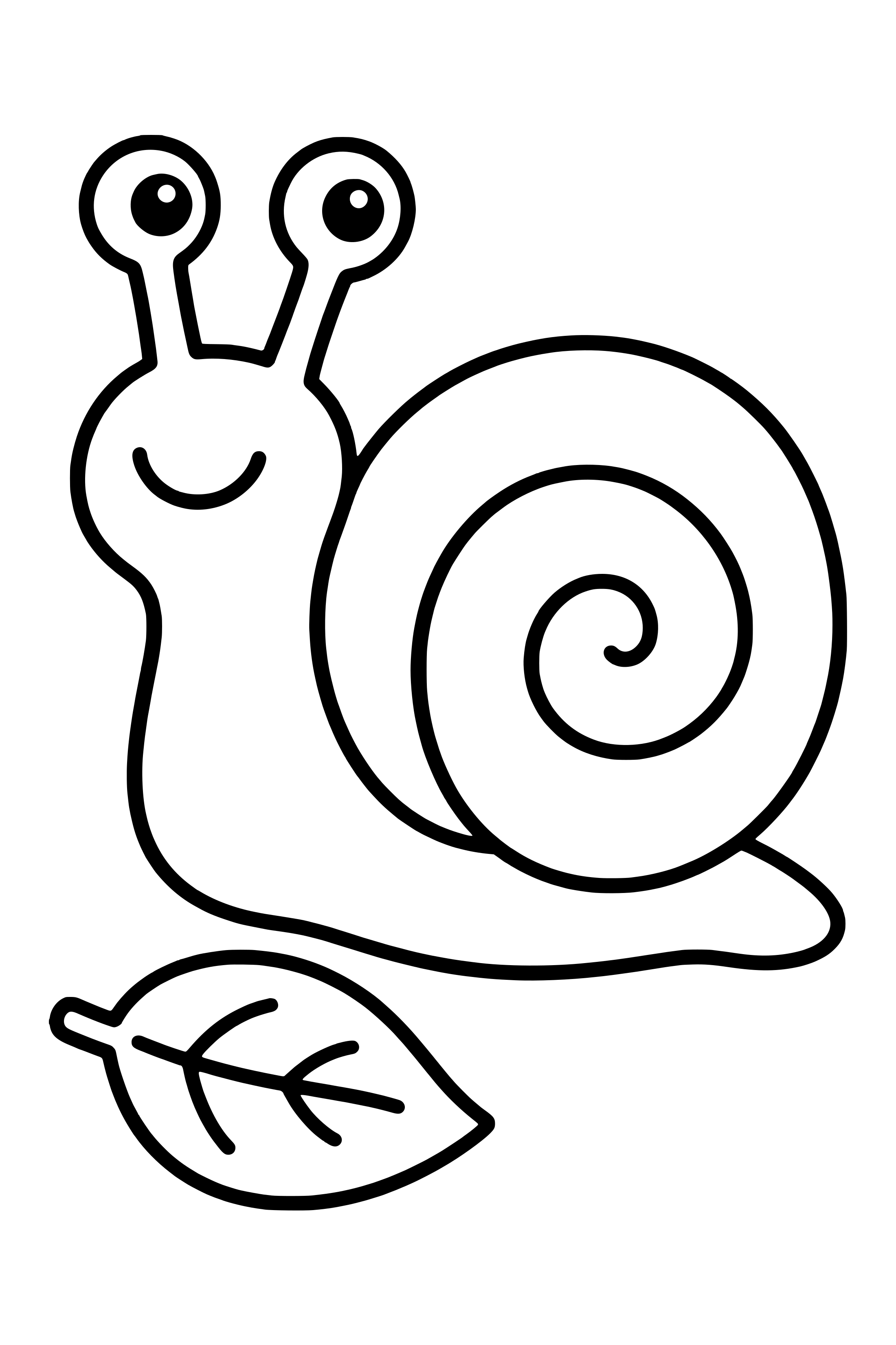 Coloring page of a snail with two eye stalks and a broad spiral shell beside a leaf