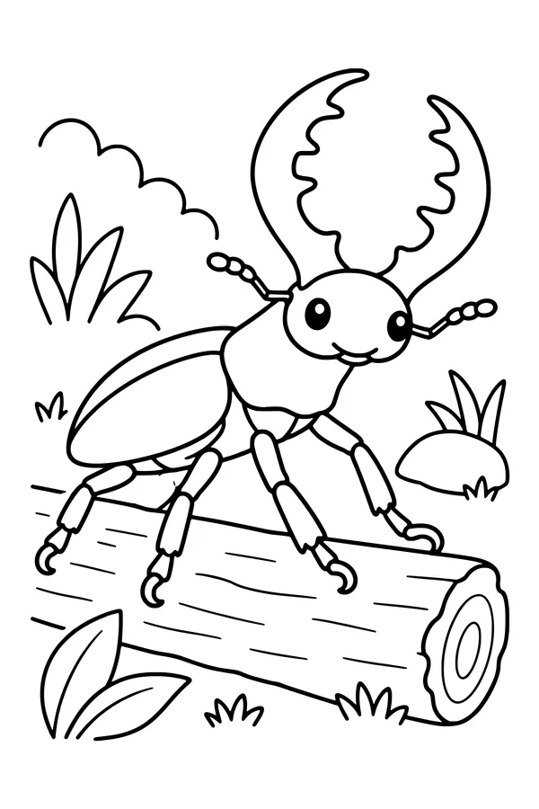 Coloring page of a stag beetle with broad antler-shaped jaws walking across a fallen log