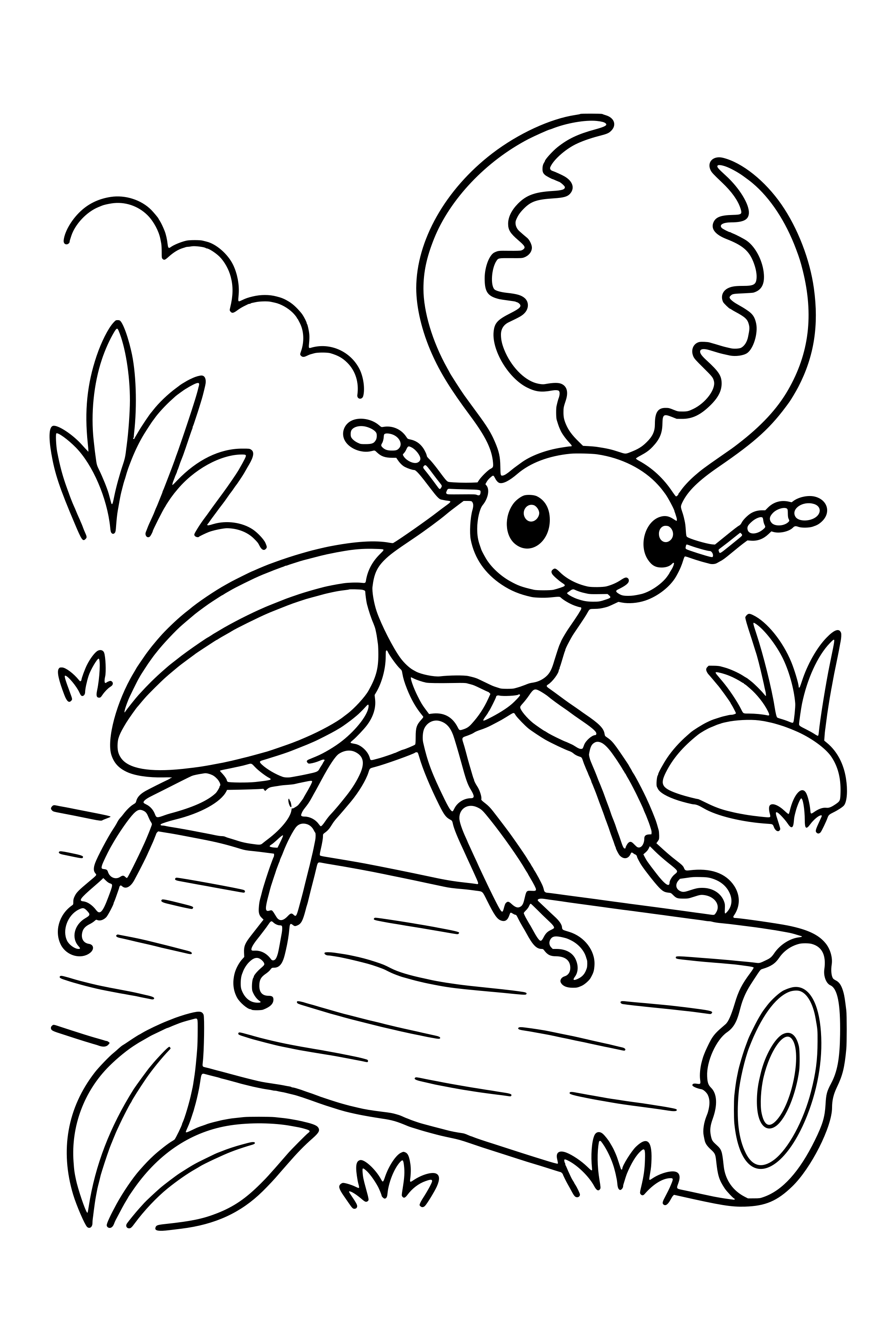 Coloring page of a stag beetle with broad antler-shaped jaws walking across a fallen log