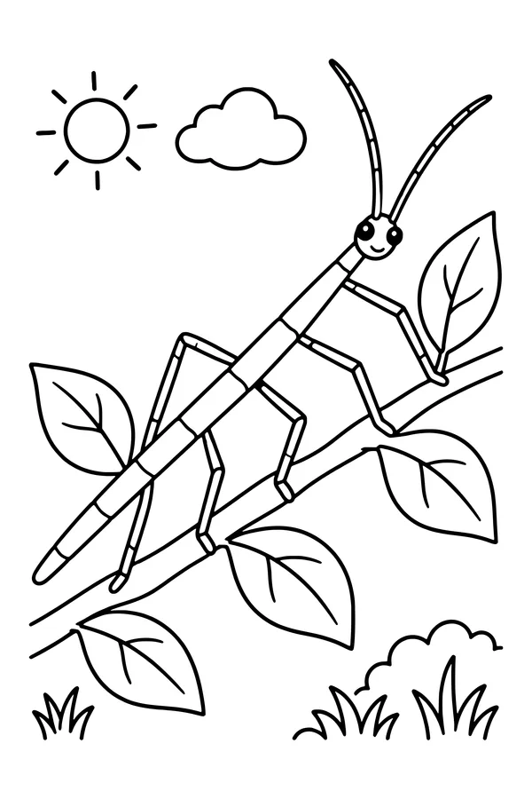 Coloring page of a six-legged stick insect stretched along a leafy twig