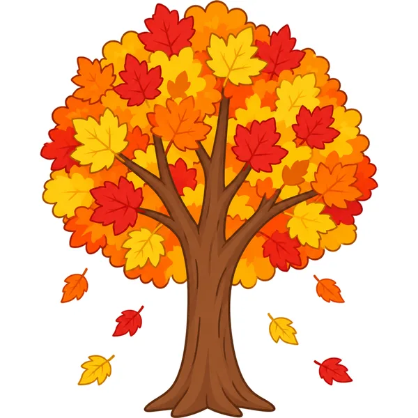 Clipart of a round autumn tree with orange, red and yellow leaves