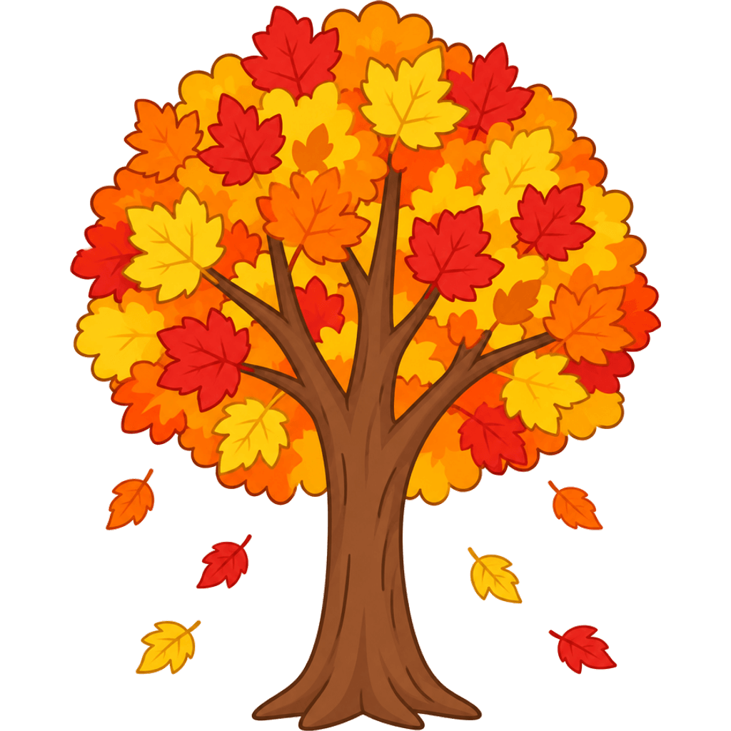 Clipart of a round autumn tree with orange, red and yellow leaves