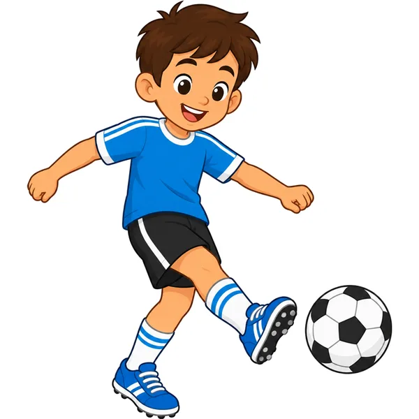 Clipart of a happy boy kicking a soccer ball