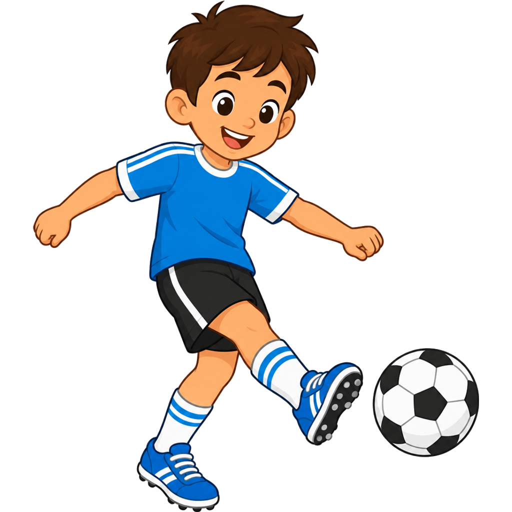 Clipart of a happy boy kicking a soccer ball