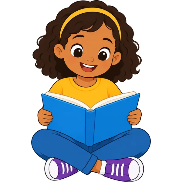 Clipart of a smiling child sitting cross-legged and reading a book