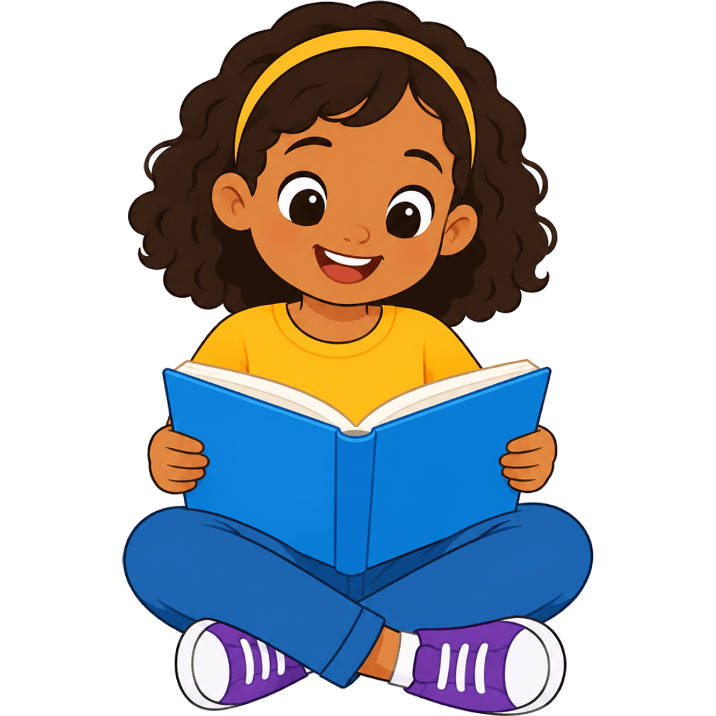 Clipart of a smiling child sitting cross-legged and reading a book