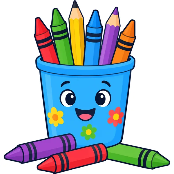 Clipart of a cup of colorful crayons and pencils with crayons lying in front