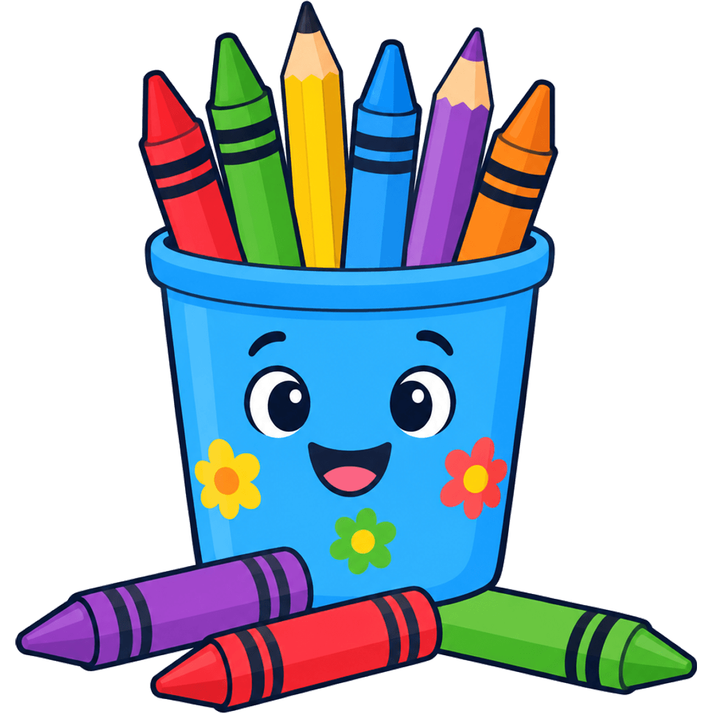 Clipart of a cup of colorful crayons and pencils with crayons lying in front